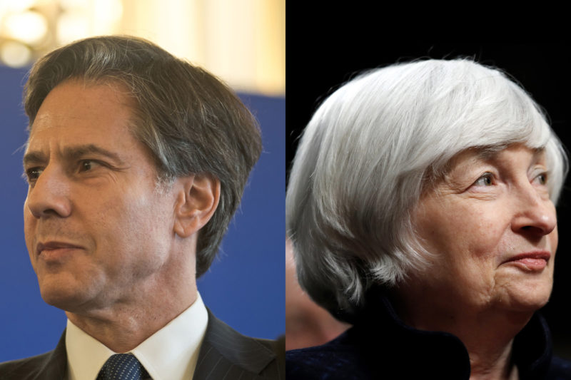 Left, former US Assistant Secretary of State Tony Blinken, arrives at an international coalition in Paris on June 2, 2015, to discuss the fight against Daech. Right, Federal Reserve Chair Janet Yellen listens to introductions as she is awarded the Paul H. Douglas Award for Ethics in Government, on Capitol Hill in Washington on Nov. 7, 2017. AP Photos by Nicolas Messyasz/Sipa and Jacquelyn Martin