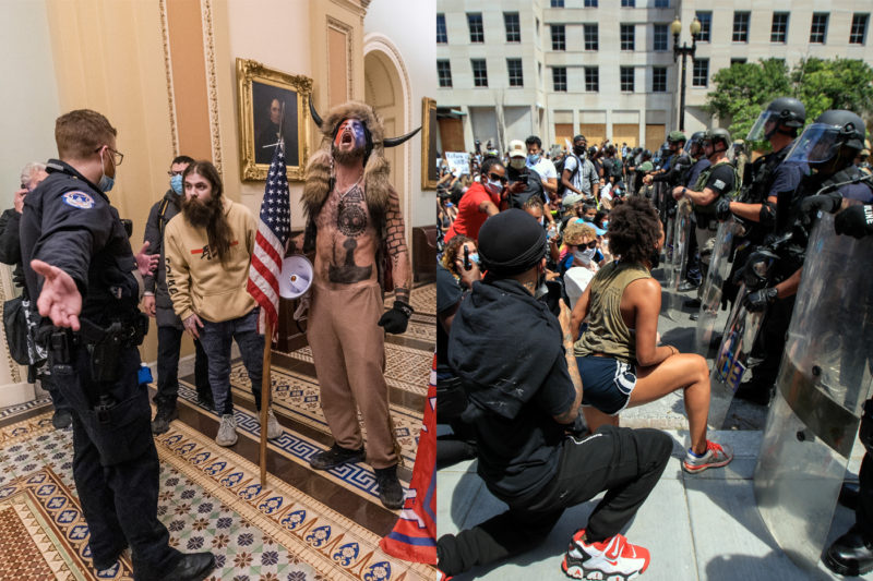 Left, supporters of President Donald Trump are confronted by Capitol Police officers outside the Senate Chamber inside the Capitol on Jan. 6, 2021 in Washington. Right, demonstrators protest the death of George Floyd on June 3, 2020, near the White House in Washington. Floyd died after being restrained by Minneapolis police officers. AP Photos by Manuel Balce Ceneta