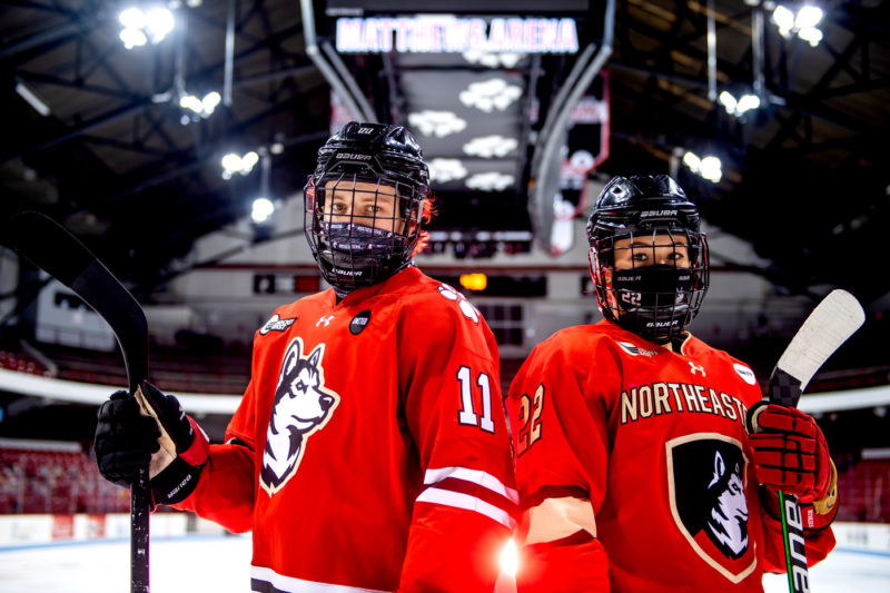 Gunnarwolfe Fontaine, a promising freshman, and his big sister Skylar, a senior All-America defenseman, are entering the most exciting time of their hockey seasons at Northeastern. Photo by Matthew Modoono/Northeastern University