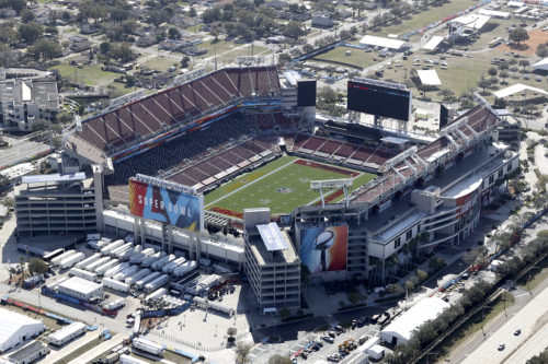 Aerial view of Raymond James Stadium, site of Super Bowl LV between The Tampa Bay Buccaneers and the Kansas City Chiefs on January 31, 2021. Credit: mpi34/MediaPunch /IPX