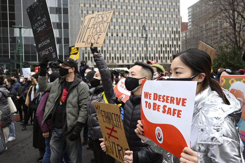 People protest against a recent uptick in hate crimes targeting Asian Americans in New York's Manhattan on Feb. 27, 2021. AP photo by Kyodo
