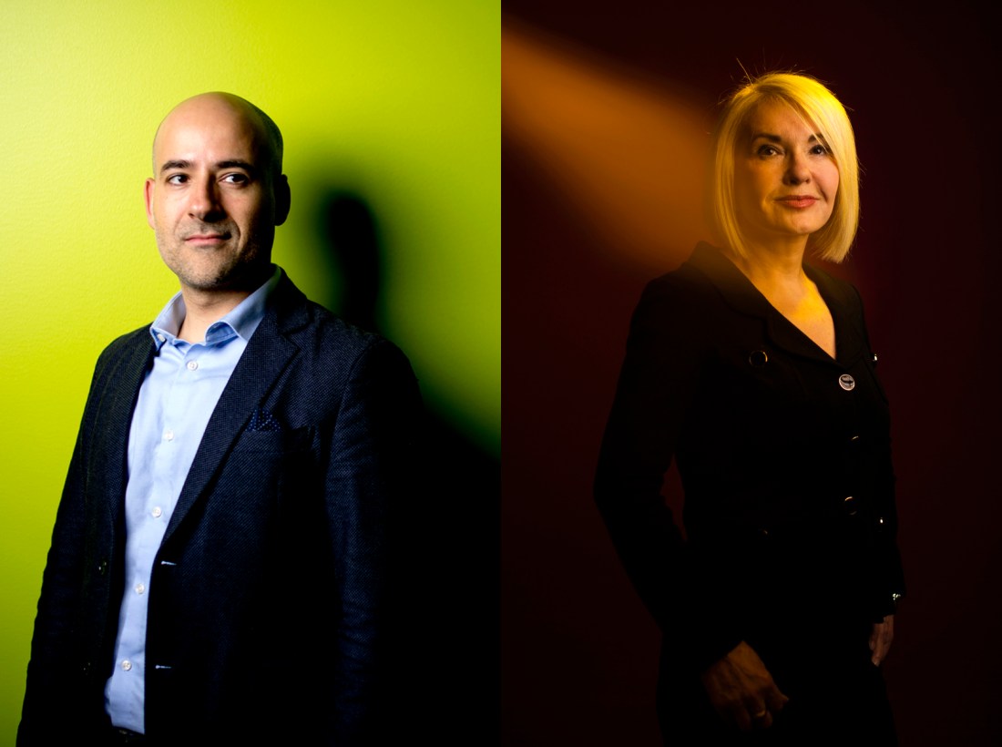 Portrait of Matteo Rinaldi standing in front of a green background (left) and Nada Sanders on a dark background illuminated by yellow lighting (right).