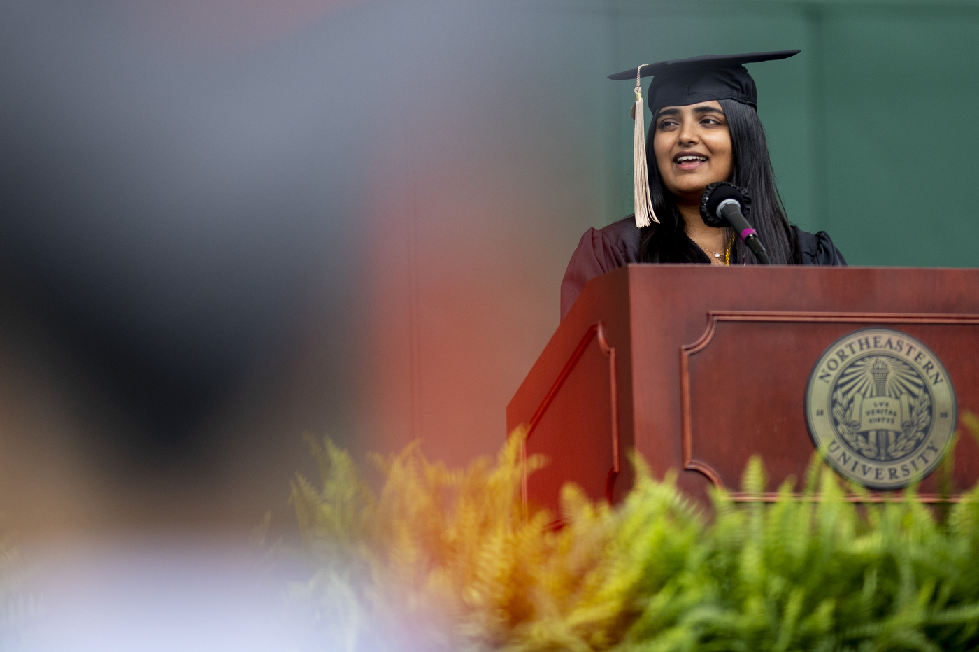 Neha Jain delivered the student address during undergraduate 2021 Commencement ceremonies at Boston's Historic Fenway Park on May 9th. Photo by Ruby Wallau/Northeastern University