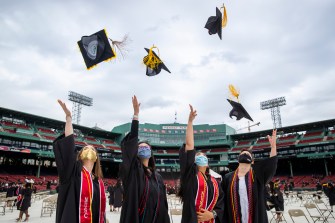 The crowd at Fenway Park filled up the stadium with cheers on Saturday, in a celebration of the graduates of Northeastern University Class of 2021.