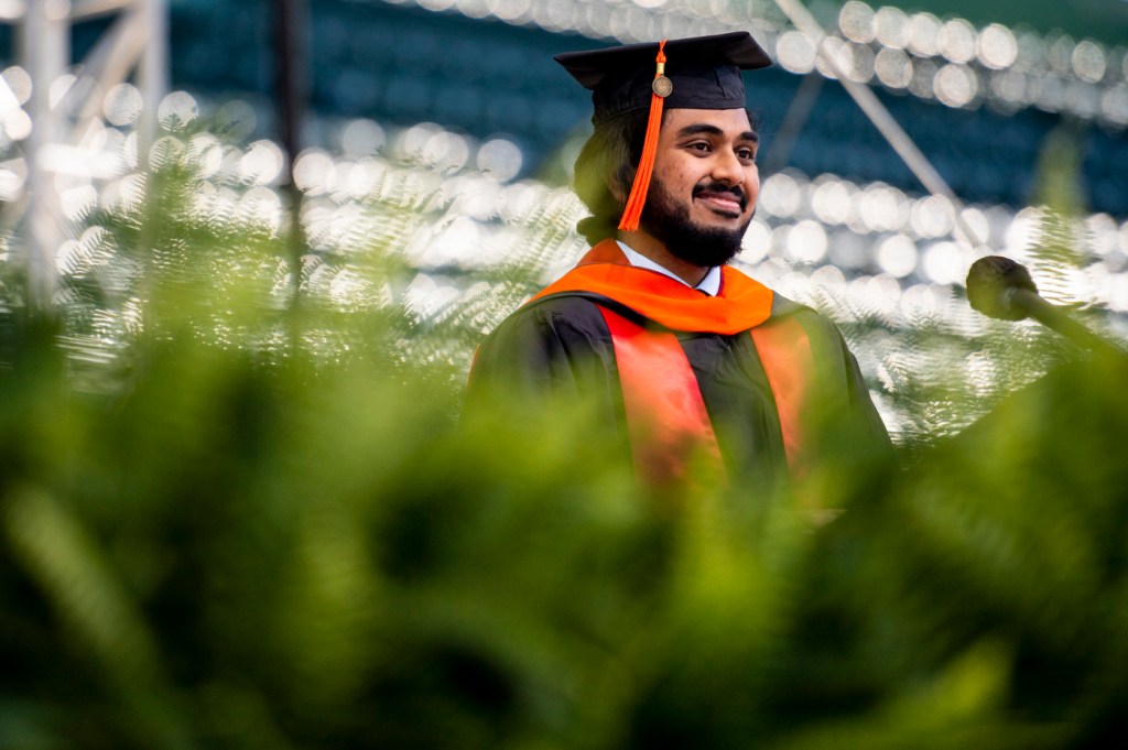Gagan Dep Prabhu, who received a master’s degree in engineering, spoke about resilience at the Sunday morning graduate Commencement ceremony, urging graduates to cultivate their own sense of home no matter where their future takes them.