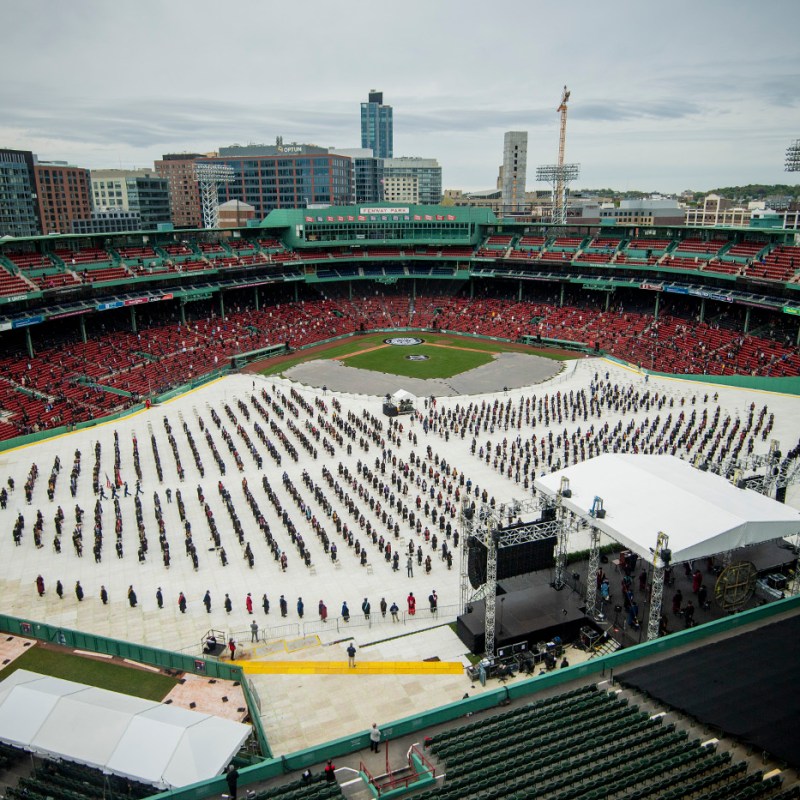 Mortarboards, masks, and baseball mitts mark Northeastern Commencement 2021