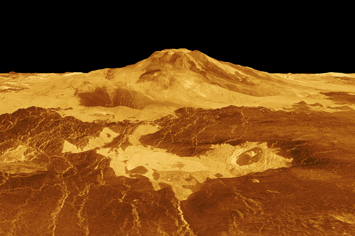 A computer generated three-dimensional perspective of the surface of Venus. Photo by NASA/JPL