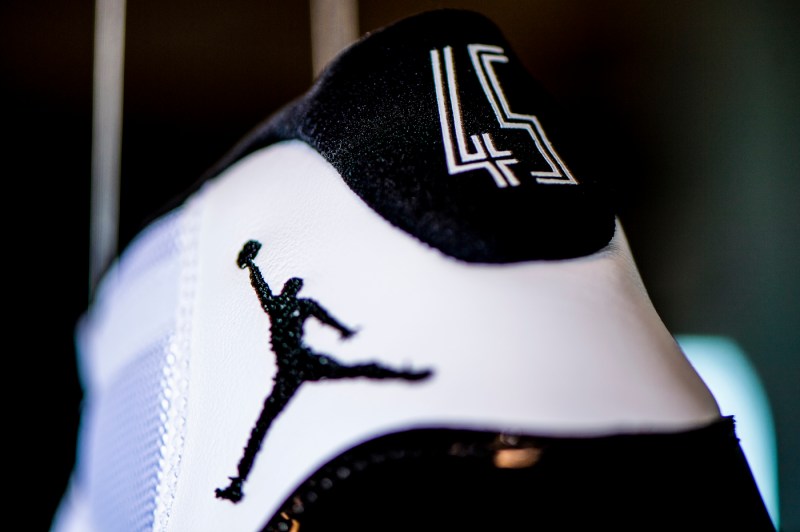 black and white jordans with 45 on the heel