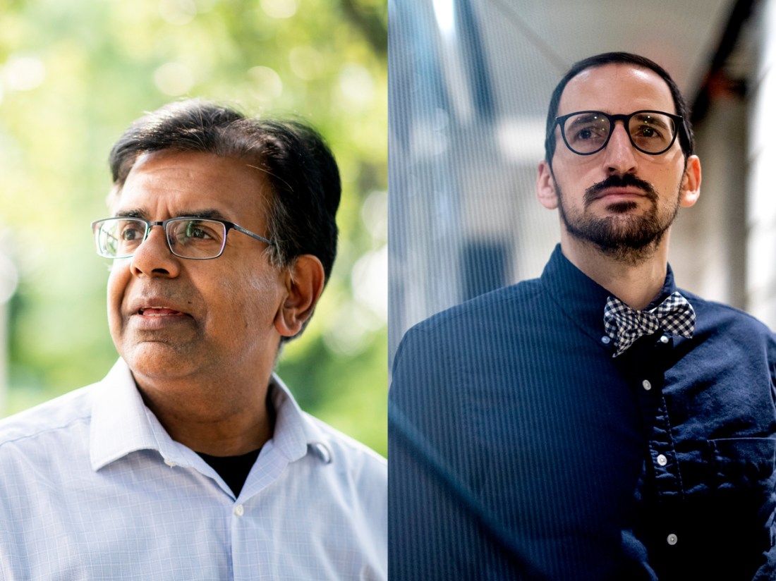 A split screen of two Northeastern University professors, each looking off into the distance with glasses.