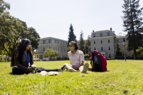 Ashwini Bartolucci Riya Rampalli enjoy the nice weather at Mills College. Photo by Ruby Wallau for Mills College