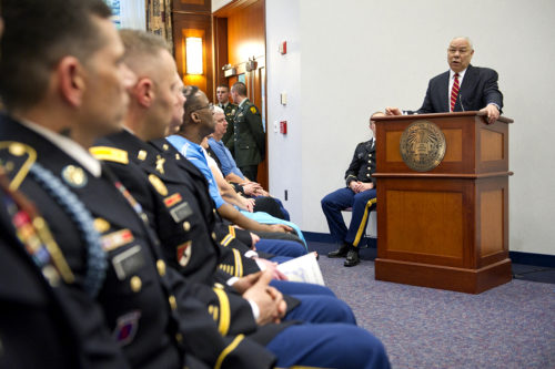 Colin Powell, retired four-star general and former secretary of state, attends Northeastern University's Liberty Battalion Army ROTC Commissioning Ceremony in 2012.  Powell, who died at age 84 from COVID-19 complications, made opening remarks and administered the commissioning oath. Photo by Northeastern University