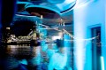 The Tower Bridge photographed at night from inside the Devon House.