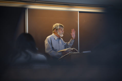 Northeastern Distinguished Professor of Law and President of the Public Health Advocacy Institute, Richard Daynard teaches a lecture in Dockser Hall. Photo by Alyssa Stone/Northeastern University