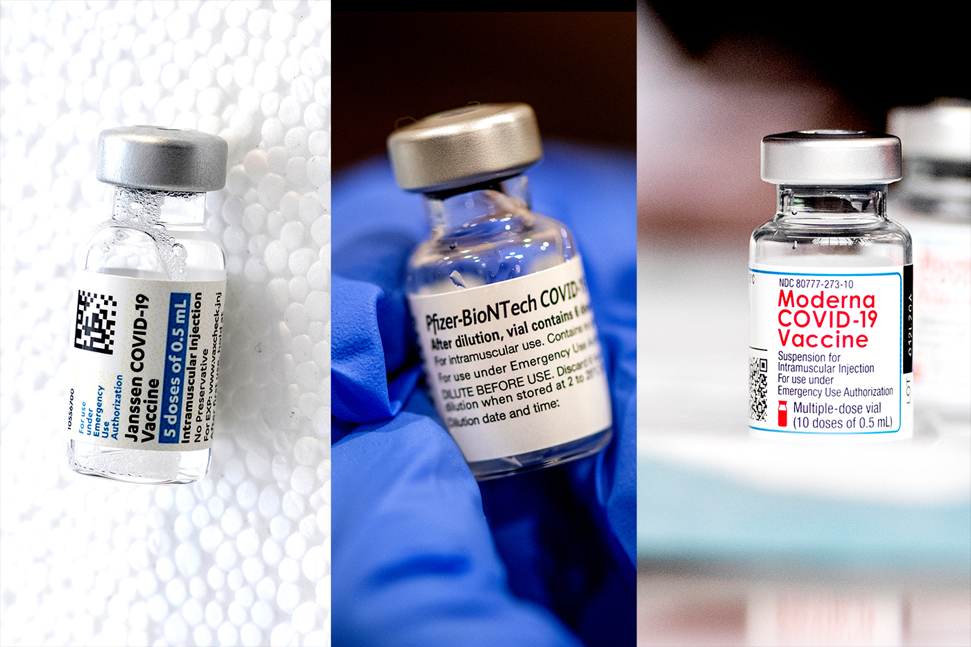 Left to right: Janssen and Janssen, Pfizer, and Moderna vaccine bottles