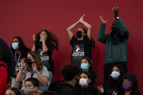 Students from Boston public schools and charter schools cheer on the Northeastern Women's Basketball Team as the host Boston University at the Cabot Center. Photo by Alyssa Stone/Northeastern University