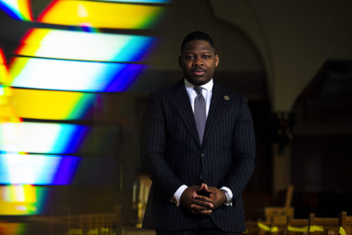 Senior Pastor Reverend Willie Bodrick poses for a portrait in the historic Twelfth Baptist Church in Roxbury. Bodrick is an alumnus of the Northeastern University School of Law. Photo by Alyssa Stone/Northeastern University