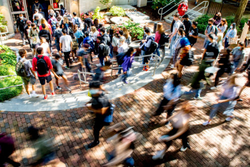Students walk through Northeastern’s Boston campus. Photo by Matthew Modoono/Northeastern University
