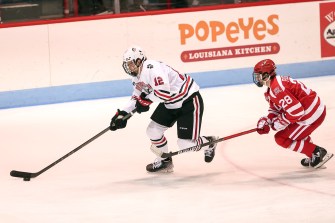 Tommy Miller skates for the Northeastern men's ice hockey team.