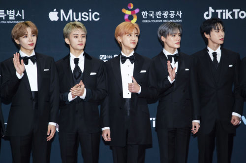 South Korean K-Pop boys group NCT U, attend a photo call for the '2021 Mnet Asian Music Awards' at CJ ENN Studio in Paju, South Korea. Photo by Lee Young-ho/Sipa USA via AP Images