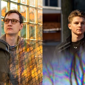 Two separate portraits of two male Northeastern Russian students standing outside