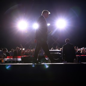 Former U.S. President Donald Trump takes the stage for a "Save America" rally at York Family Farms in Cullman, Alabama.