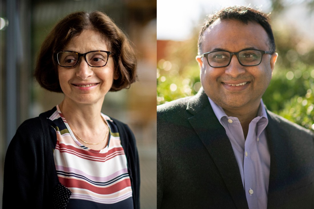 A split screen of two portraits: the leftmost of a woman with brown hair parted down the middle and glasses, and the rightmost of a man with short brown hair and glasses.