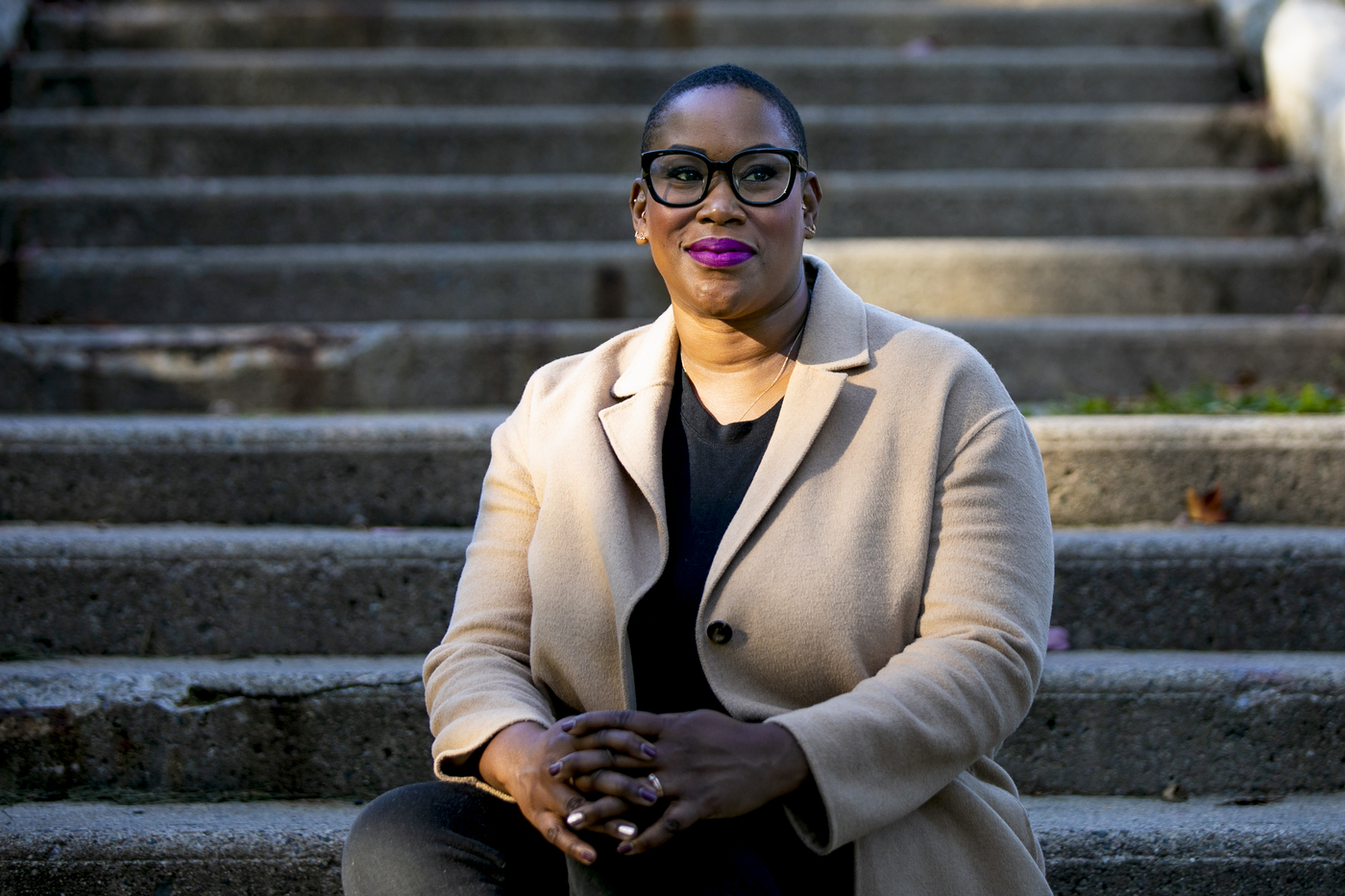 Dr. Meredith Clark, Northeastern Associate Professor and Founding Director of the new Center for Communication, Media Innovation and Social Change poses for a portrait at the Southwest Corridor Park in Jamaica Plain, Boston.