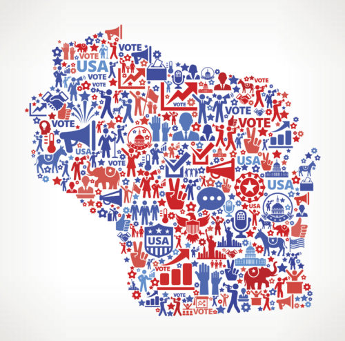 Wisconsin Vote and Elections USA Patriotic Icon Pattern. Image via iStock.