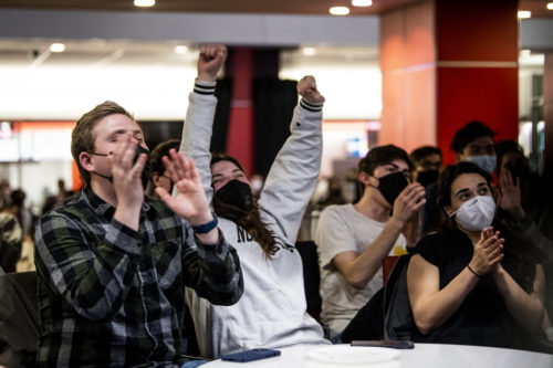 A watch party is held in the Northeastern Curry Student center for Liz Feltner as she competes in the finals of Jeopardy! National College Championship. Photo by Alyssa Stone/Northeastern University