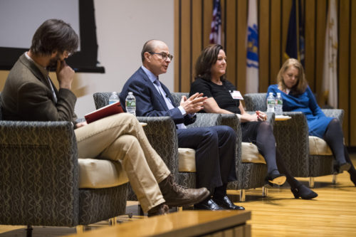 Northeastern President Joseph E. Aoun, second from left, was a featured speaker Monday at a summit hosted by the New England Board of Higher Education. Joining Aoun for the session were, from left to right: Scott Carlson, senior writer for <i>The Chronicle of Higher Education</i>; Tara Amaral, senior vice president of talent acquisition at Fidelity Investments; and Maura Dunn, vice president of human resources and administration at General Dynamics Electric Boat. <i>Photo by Adam Glanzman/Northeastern University</i>