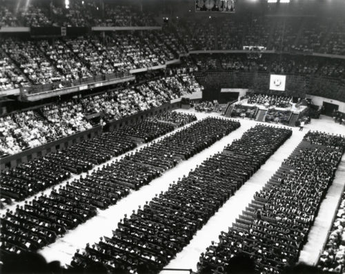 Graduates of the Class of 1964 fill the old Boston Garden for Commencement. Photo courtesy of Northeastern University Libraries, Archives, and Special Collections. 