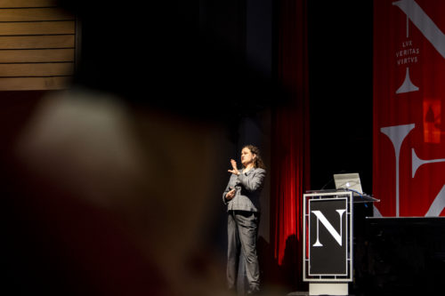 Bridget Smyser gives the Last Lecture to graduating seniors in Northeastern’s Blackman Auditorium. Photo by Alyssa Stone/Northeastern University