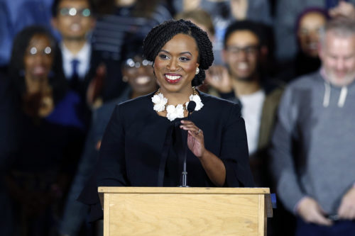 Ayanna Pressley gives her victory speech during an election night watch party in Boston on Tuesday, Nov. 6, 2018. (AP Photo/Michael Dwyer)