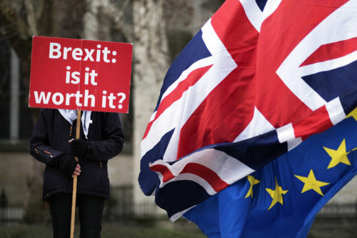 Anti Brexit demonstrators outside the Houses of Parliament in London before Tuesday's commons vote on Prime minister Theresa May's Brexit deal.  Stefan Rousseau/PA Wire URN:40621590 (Press Association via AP Images)
