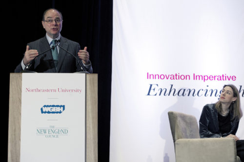 President Joseph E. Aoun delivers remarks at the Innovation Imperative: Enhancing the Talent Pipeline event in Boston on Tuesday. Photo by Mariah Tauger.