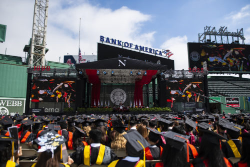 Northeastern University celebrates its graduate 2022 Commencement ceremony at Boston's Historic Fenway Park. Speakers included Joseph E. Aoun, president of Northeastern, Leila Fadel, an NPR reporter and co-host of the public news organization’s banner show, Morning Edition, a distinguished group of influential figures as well as student speakers. Photo by Alyssa Stone/Northeastern University