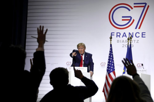 President Donald Trump takes questions during a press conference on the third and final day of the G-7 summit in Biarritz, France Monday, Aug. 26, 2019. (AP Photo/Markus Schreiber)