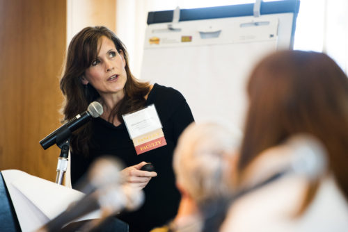 Associate professor Alicia Sasser Modestino, a labor market expert in Northeastern’s College of Social Sciences and Humanities speaks during a symposium at Northeastern on Friday. Photo by Adam Glanzman/Northeastern University