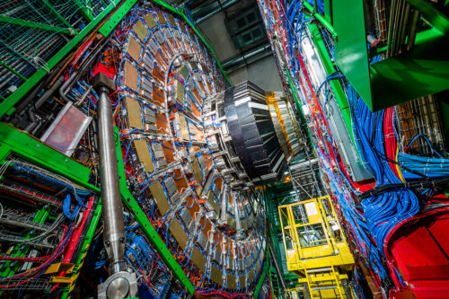 Inside CERN, a research organization that runs the biggest particle physics lab on earth, a massive particle accelerator called the Large Hadron Collider has been hurling particles at one another, letting them smash together, and measuring such things as their momentum and energy levels. Pictured here is the CMS detector, one of four places on the accelerator where the particles collide. iStock Photo