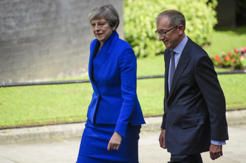 British prime minister Theresa May and her husband Philip May arrive back at 10 Downing Street in London, following a meeting with Queen Elizabeth II, in which she asked to form a new government. Photo by Ben Cawthra/ Sipa via AP Images