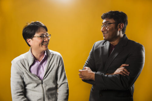 Northeastern researchers, Yung Joon Jung, left, and Swastik Kar, right, have developed a way to detect nuclear materials that far outpaces any existing method. Photo by Adam Glanzman/Northeastern University