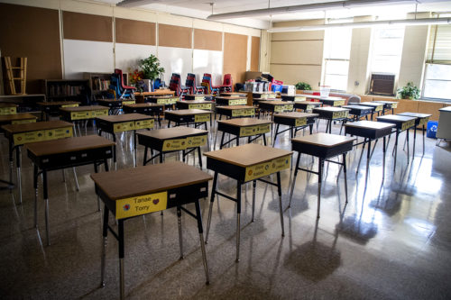 An empty classroom is pictured at Heather Hills Elementary School as officials conduct a materials distribution for parents to pick up for distance learning in Bowie, Md., on Wednesday, August 26, 2020. AP Photo By Tom Williams/CQ Roll Call
