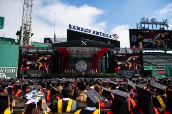 Northeastern University celebrates its graduate 2022 Commencement ceremony at Boston's Historic Fenway Park. Speakers included Joseph E. Aoun, president of Northeastern, Leila Fadel, an NPR reporter and co-host of the public news organization’s banner show, Morning Edition, a distinguished group of influential figures as well as student speakers. Photo by Alyssa Stone/Northeastern University