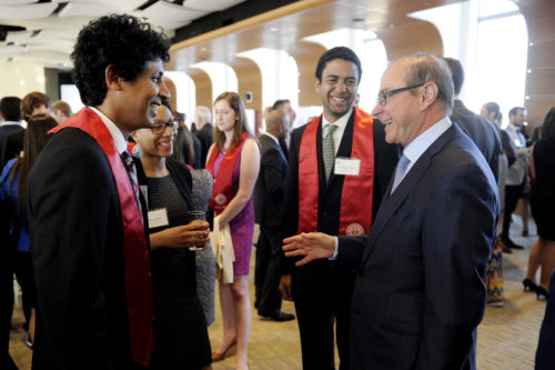 President Joseph E. Aoun speaks with students during the Huntington 100 event held on the 17th Floor of East Village at Northeastern University on April 21, 2016. The event featured a group of extra­or­di­nary stu­dents selected for their impres­sive achieve­ments and impact both on campus and around the world. Photo by Matthew Modoono/Northeastern University