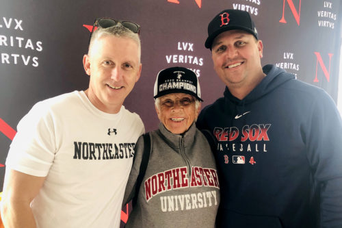 Stephen Lynch, his mother Sara Lynch, and Keith Foulke, former Major League pitcher who closed out the 2004 World Series for the Boston Red Sox, posed for a picture on Feb. 21, 2020 in Fort Myers Florida, where the Red Sox played the Northeastern baseball team at JetBlue Park. Photo courtesy of Stephen Lynch