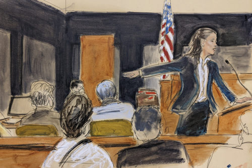 Assistant U.S. Attorney Maurene Comey points at Ghislaine Maxwell, far left, while she presents the rebuttal for the prosecution during Maxwell's sex trafficking trial. Elizabeth Williams via AP