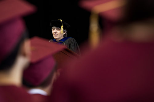 Manuela Veloso, a computer scientist at Carnegie Mellon University and head of J.P. Morgan AI Research, praised the graduates for persevering through their long and challenging journeys to reach their academic goals. Photo by Adam Glanzman/Northeastern University