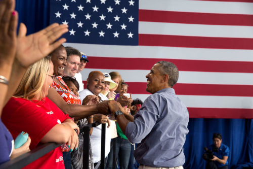 President Barack Obama shakes hands following remarks at the Milwaukee Laborfest at Henry Maier Festival Park in Milwaukee, Wis. on Labor Day, Sept. 1, 2014. (Official White House Photo by Pete Souza)

This official White House photograph is being made available only for publication by news organizations and/or for personal use printing by the subject(s) of the photograph. The photograph may not be manipulated in any way and may not be used in commercial or political materials, advertisements, emails, products, promotions that in any way suggests approval or endorsement of the President, the First Family, or the White House.