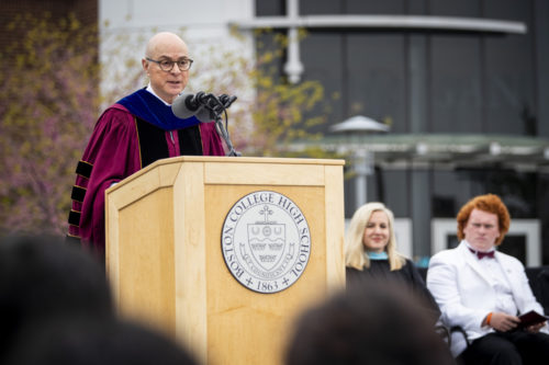 Northeastern President Joseph E. Aoun speaks during the BC High Class of 2022 graduation ceremony held at McCoy Practice Field in Boston, Mass.