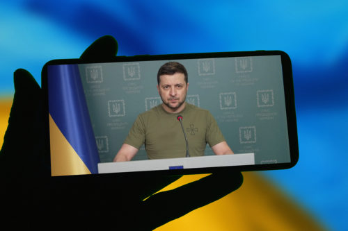 President of Ukraine Volodymyr Zelensky speaks in connection with the shelling of the territory of Ukraine by Russia, after the start of the Russian military invasion. Photo by Aleksandr Gusev via Getty Images